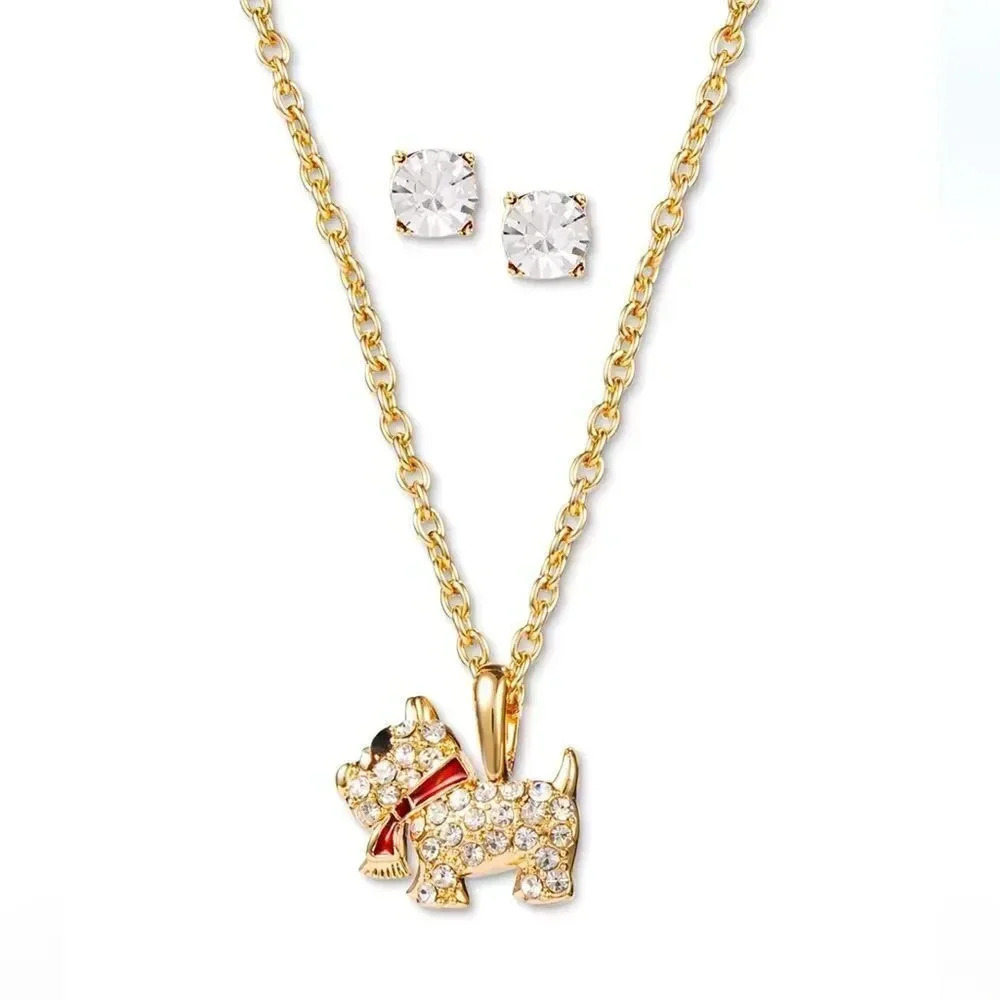 Puppy Gold- Crystal Pendant Necklace Stud Earrings Set